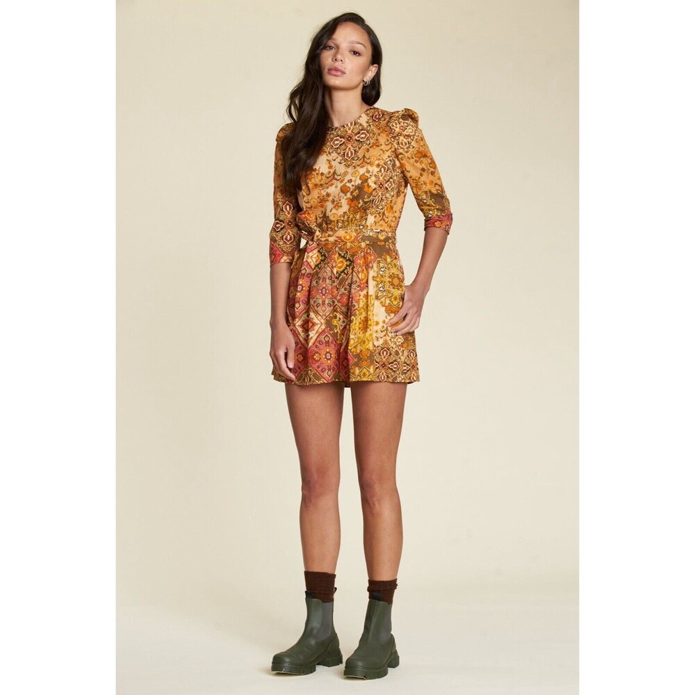 Anthro DRA Rey Romper in Sunset Origami Orange Yellow Sz XS